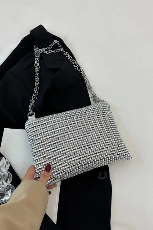 'Aya' Metal Chain Rhinestone Crossbody Bag - Celes Fashion